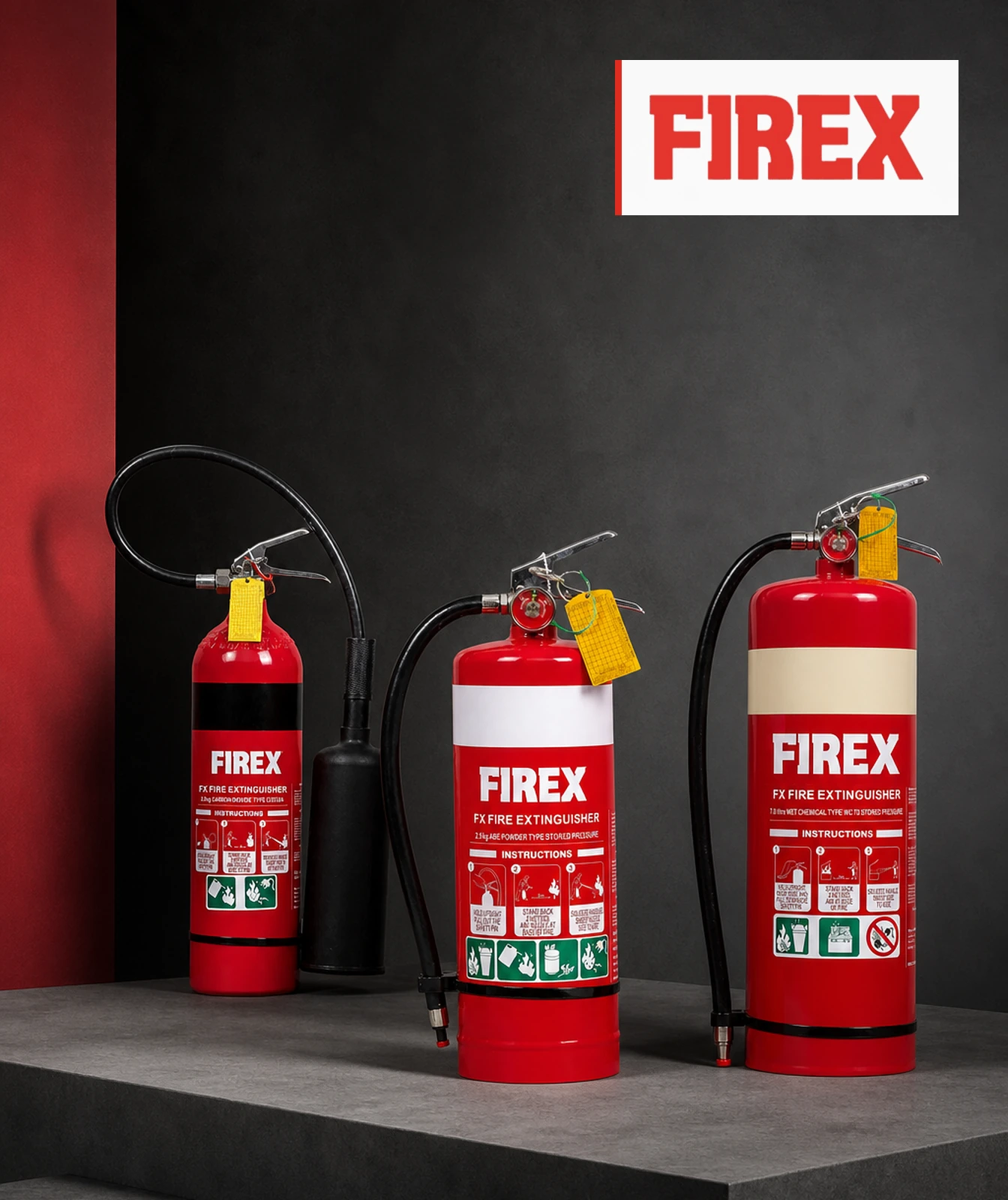 Three Firex fire extinguishers in official product photography.